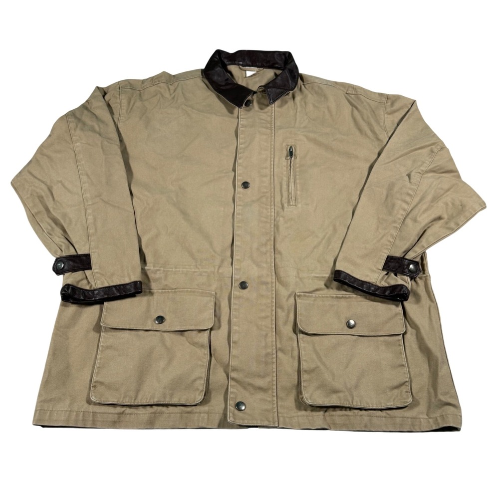 Vintage Field Jacket Mens Large Tan Canvas Leather Trim Barn Chore Coat Utility
